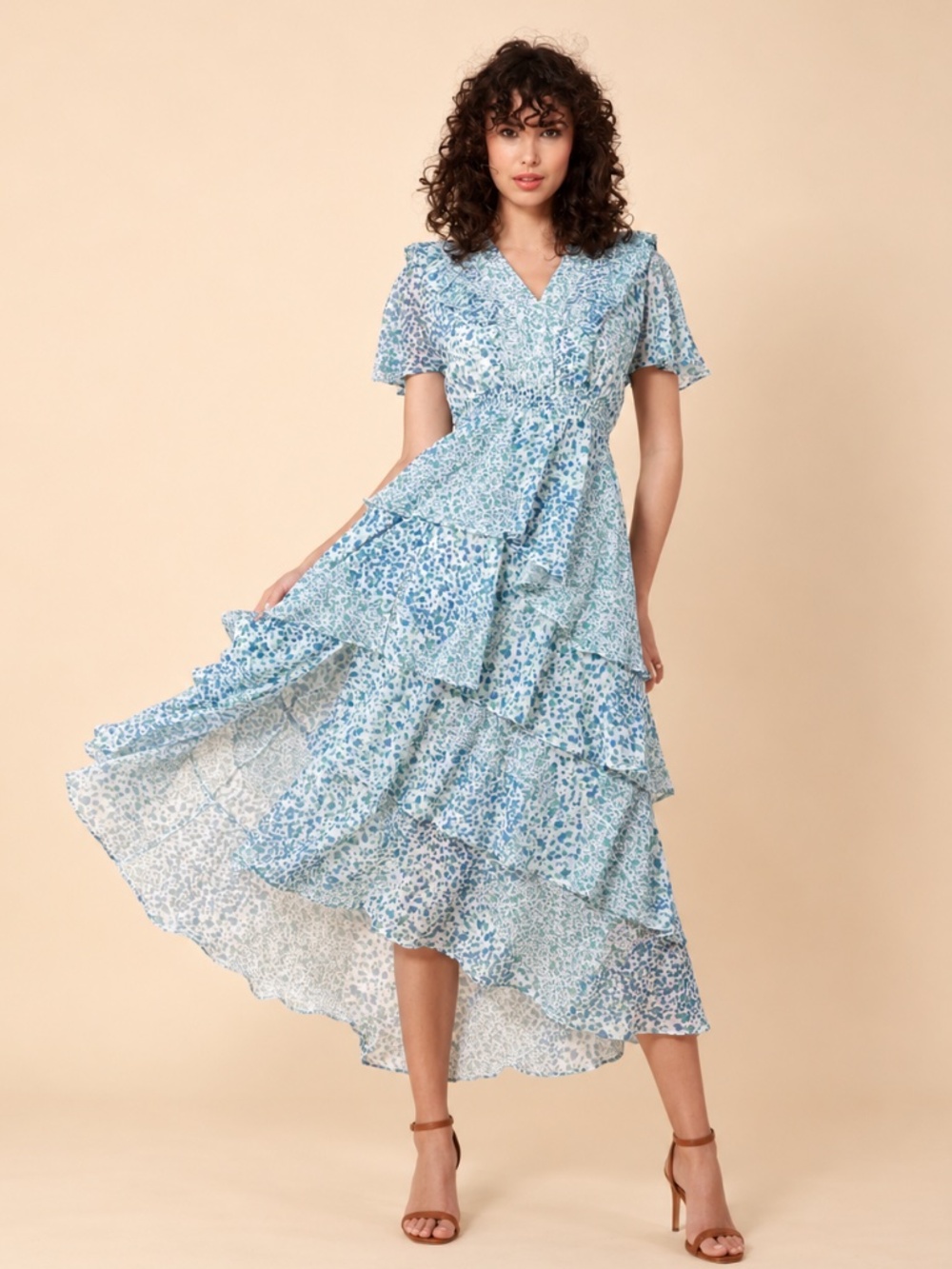 NWOT Hale Bob Sania Chiffon Tiered Maxi Dress Blue Green XS